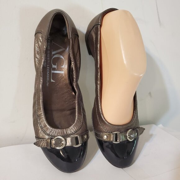 AGL Cap Toe Ballet Flat Bronze Leather Black Patent 36.5/6.5 office Travel - Picture 2 of 4